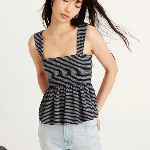 Madewell Black and White Smocked Peplum Tank Top - Picture 1 of 11